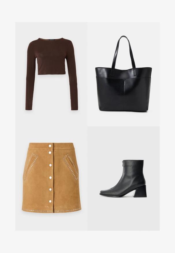 Brun langermet cropped topp laget av glatt materiale, med rund halslinning og tettsittende design. Ingen synlige mønstre eller detaljer.; Brun semsket skjørt med knappelukking foran, to sidelommer og sølvnagler langs lommene og kanten. Glatt tekstur.; Sorte skinnankelsko med firkantet tå, glidelås på siden og blokkhæl mot en vanlig lys bakgrunn.; Svart lær toteveske med to lange håndtak, en glatt tekstur og en strukturert form. Har en frontlomme for ekstra oppbevaring.