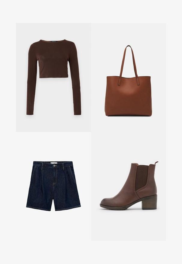 Hnedý dlhý rukáv cropped top vyrobený z hladkého materiálu, s okrúhlym výstrihom a priliehavým strihom. Bez viditeľných vzorov alebo akcentov.; Tmavo modré denim šortky s vysokým pásom, ktoré majú dve bočné vrecká a predné zapínanie na gombík. Hladká textúra a neformálny dizajn.; Hnedé kožené členkové topánky s hladkým povrchom, elastickými bočnými panelmi, zaoblenou špičkou a mierne vysokým dreveným opätkom.; Hnedá kožená taška na rameno s hladkou textúrou, otvoreným vrchom a dvoma ramenými popruhmi. Má minimálne šitia a žiadne viditeľné kovania.