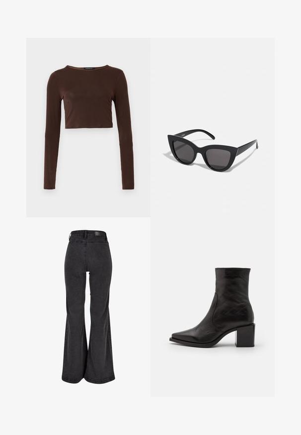 Top corto marrón de manga larga, hecho de un material suave, con escote redondo y diseño ceñido. Sin patrones ni acentos visibles.; Vaqueros de campana negros con una textura suave, cintura alta y una etiqueta de marca en la parte trasera. Presenta un diseño de pierna ancha y costuras reforzadas.; Botín de cuero negro hasta el tobillo con punta cuadrada y tacón cuadrado. El diseño presenta una textura suave y detalles de costura mínimos.; Gafas de sol negras en forma de ojo de gato con un acabado mate, que presentan lentes ahumados grises, ángulos pronunciados y brazos laterales elegantes. Nombre de la marca visible en el interior del brazo.