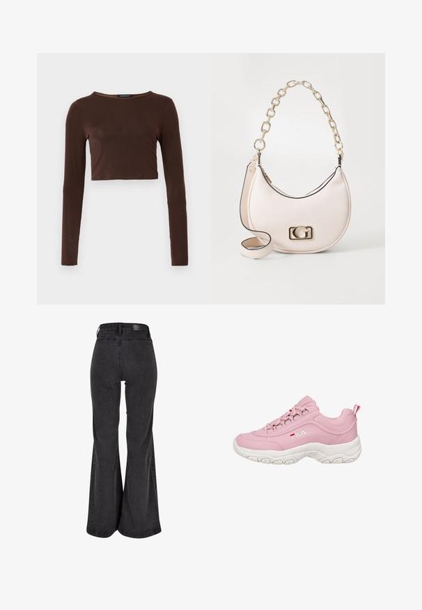 Rjava dolga majica s cropped dizajnom, izdelana iz gladkega materiala, z zaobljenim izrezom in prileganjem. Brez vidnih vzorcev ali poudarkov.; Črne razširjene kavbojke z gladko teksturo, visokim pasom in blagovno znamko na zadnji strani. Imajo široko zasnovo hlačnic ter ojačano šivanje.; Roza tenisica z gladkim sintetičnim zgornjim delom, belim gumijastim podplatom, vezalnim dizajnom in FILA logotipom na strani. Ima tudi zanko za pomoč pri obuvanju na peti.; Roza teksturirana usnjena torbica z zlatim verižnim ročajem, okrogle oblike in z zlatim logotipom na sprednji strani. Ima tudi dodatni naramni trak.