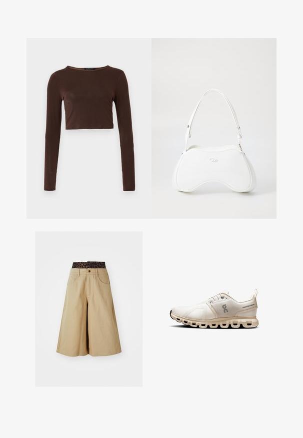 Top croppé à manches longues marron, fabriqué dans un matériau lisse, avec un col rond et une coupe près du corps. Pas de motifs ou d'accents visibles.; Shorts kaki avec une conception à jambe large et une ceinture à imprimé léopard. Comprend des poches avant et une fermeture à bouton. Tissu lisse et texturé.; Chaussure de sport beige clair avec tige en maille, design minimaliste, bout rond et semelle rembourrée avec des découpes segmentées pour plus de flexibilité.; Sac à main blanc avec une surface lisse et brillante, forme courbée et une seule bandoulière ajustable. Il présente un logo embossé à l'avant.