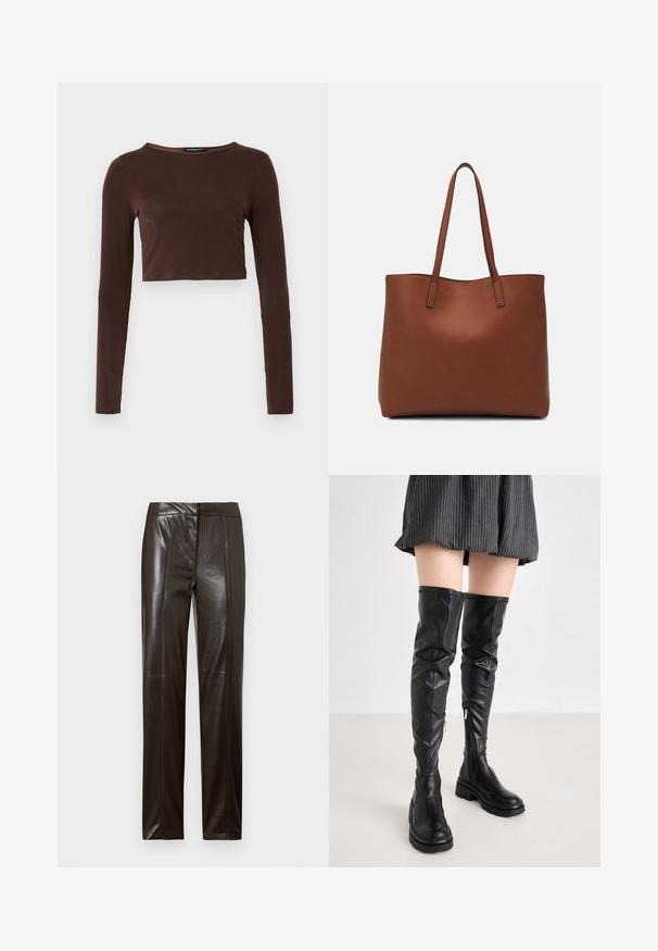 Brun langærmet cropped top lavet af glat materiale, med en rund halsudskæring og tætsiddende design. Ingen synlige mønstre eller accenter.; Mørkebrune, lige læderbukser med en glat overflade og subtile sømdetaljer langs forsiden.; RAID ADDISEY - Overknees - black; Brun læder tote taske med en glat overflade, åben topdesign og to skulderremme. Har minimal syning og ingen synlig hardware.