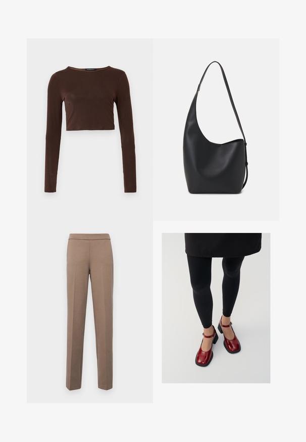 Καφέ κοντό τοπ με μακριά μανίκια, φτιαγμένο από απαλό ύφασμα, που διαθέτει στρογγυλή λαιμόκοψη και εφαρμοστή σχεδίαση. Χωρίς ορατά μοτίβα ή διακοσμήσεις.; Καφέ εφαρμοστά παντελόνια με λεία, ελαστική ύφανση. Ευθεία πόδια και επίπεδη μέση χωρίς ορατό υλικό ή τσέπες.; Vagabond ANSIE - Κλασικές γόβες - dark red; Μαύρη δερμάτινη tote τσάντα με λείο υφή, καμπύλο σχήμα και μία ρυθμιζόμενη ζώνη. Διαθέτει μεγάλη άνοιγμα στην κορυφή.