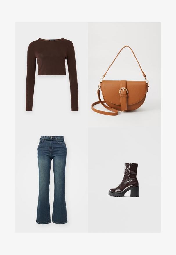 Brun langermet cropped topp laget av glatt materiale, med rund halslinning og tettsittende design. Ingen synlige mønstre eller detaljer.; Mørkeblå utsvingte jeans med høy midje, laget av denim. Har frontlommer, knappeåpning og subtil fading på lårene.; Glinsende burgunder ankelstøvel med en kraftig svart hæl, med en glatt tekstur og enkelt design. Ingen synlige lukkinger eller mønstre.; Brun lærcrossbody-veske med en buet form, gullhardware og et spenneakcent. Har en avtakbar skulderreim.