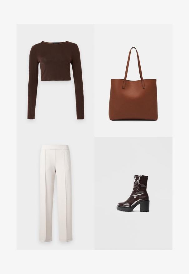 Bruine langarm cropped top gemaakt van een glad materiaal, met een ronde halslijn en een aansluitend ontwerp. Geen zichtbare patronen of accenten.; Lichtbeige wijde broek van gladde stof, met een hoge taille, twee voorplooien en een nette, op maat gemaakte afwerking.; Glanzende bordeauxrode enkelboot met een chunky zwarte hak, met een gladde textuur en een eenvoudig ontwerp. Geen zichtbare sluitingen of patronen.; Bruine leren tote bag met een gladde textuur, een ontwerp met een open bovenkant en twee schouderbanden. Kenmerkt zich door minimale stiksels en geen zichtbare hardware.