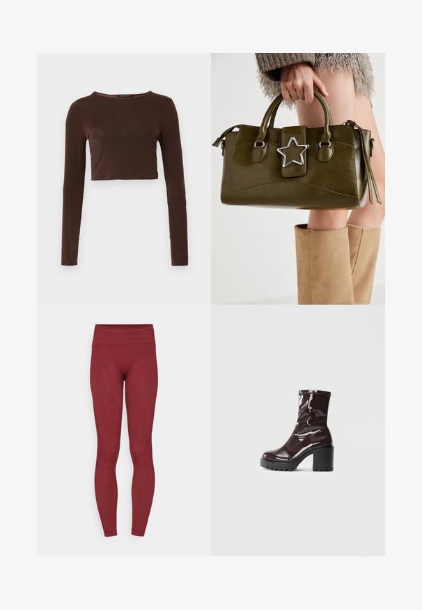 Top scurt, maro, cu mâneci lungi, realizat dintr-un material neted, având un guler rotund și un design ajustat. Fără modele sau accente vizibile.; Leggings burgundy cu un talie înaltă, texturată, design ajustat și o textură a fabricii netedă. Fără modele vizibile sau detalii din metal.; Botine lucioase burgundy, cu toc gros negru, având o textură netedă și un design simplu. Fără închideri sau modele vizibile.; Geantă din piele ecologică de culoare verde măslin, cu accent din stea argintie, două mânere și închidere cu fermoar. Suprafață texturată și formă structurată.