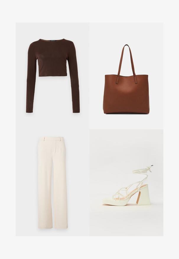Brauner, langärmeliger, verkürzter Oberteil aus glattem Material mit einem runden Ausschnitt und figurbetontem Design. Keine sichtbaren Muster oder Akzente.; Helle beige weite Hosen mit vorderen Falten, einer glatten Textur und seitlichen Taschen. Hergestellt aus einem weichen Stoff mit einem maßgeschneiderten Design.; Weiße High-Heel-Sandale mit einem klobigen Absatz, die über ein Riemchendesign und ein Knöchelband verfügt. Glatte Textur mit einer Plattform vorne für zusätzliche Höhe.; Braune Leder-Tote mit glatter Textur, offenem Oberteil und zwei Schulterriemen. Verfügt über minimale Nähte und keine sichtbaren Beschläge.