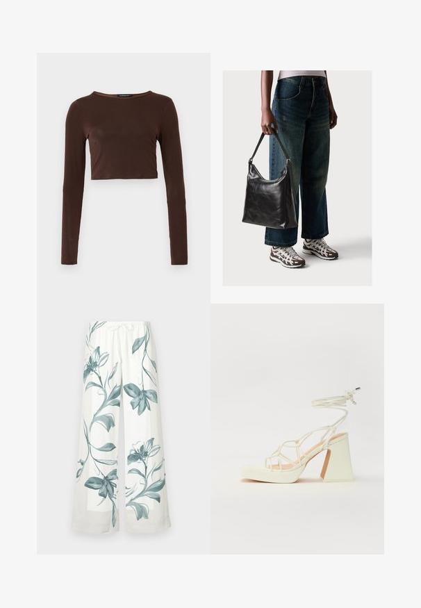 Hnědý dlouhý rukáv cropped top vyrobený z hladkého materiálu, s kulatým výstřihem a přiléhavým střihem. Bez viditelných vzorů nebo akcentů.; Kalhoty s vysokým pasem a širokými nohavicemi v bílé látce s modrými květinovými vzory. Elastický pas se šňůrkou, hladká textura, ležérní design.; Bílé sandály na vysokém podpatku s robustním podpatkem, s designem s pásky a zavazováním kolem kotníku. Hladký povrch s platformou vpředu pro zvýšení výšky.; Černá kožená kabelka přes rameno se hladkým povrchem a nastavitelným popruhem, spárovaná s vybledlými džínami širokého střihu a sportovními teniskami.