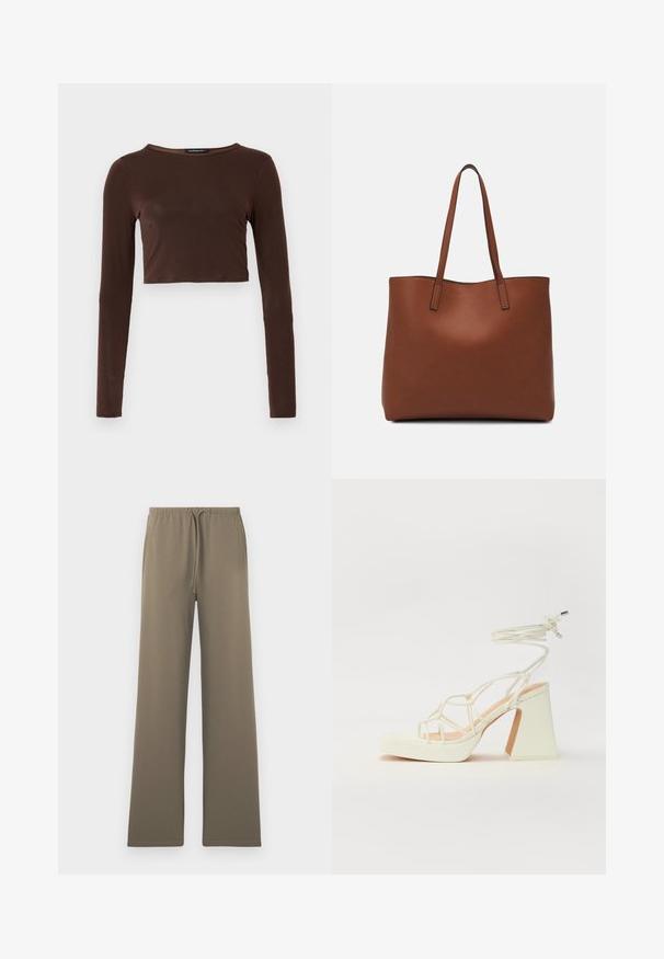Brun langermet cropped topp laget av glatt materiale, med rund halslinning og tettsittende design. Ingen synlige mønstre eller detaljer.; Olivengrønne, vide bukser lavet af blødt stof, med elastisk talje og snørebånd og uden synlige lommer.; Hvit høyhælte sandal med kraftig hæl, med en stroppe-design og ankelbånd. Glatt tekstur med plattform foran for ekstra høyde.; Brun lær tote veske med en jevn tekstur, åpen toppdesign og to skulderstropper. Har minimal søm og ingen synlige spiker.