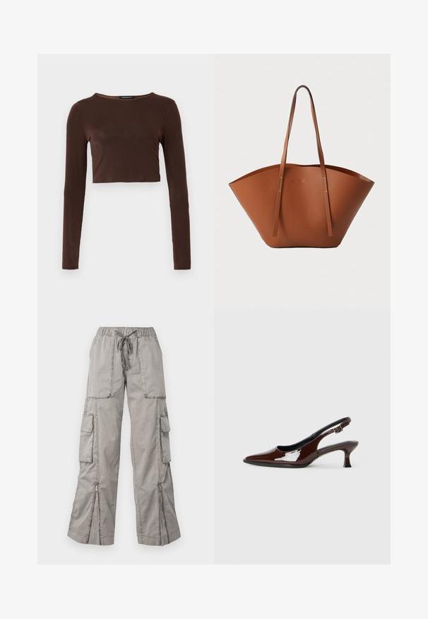 Bruine langarm cropped top gemaakt van een glad materiaal, met een ronde halslijn en een aansluitend ontwerp. Geen zichtbare patronen of accenten.; Lichtgrijze cargobroek met een elastische tailleband, verstelbaar koord, meerdere zijzakken en ritsen aan de onderkant. Gemaakt van zachte, lichtgewicht stof.; Bruine gepatineerde leren slingback-schoen met een spitse neus en een gematigd hakje. Voorzien van een gespsluiting voor een veilige pasvorm. Glad van textuur.; Bruine lederen totebag met een brede, gestructureerde vorm, dunne handvatten en een gestructureerde afwerking. Kenmerkt zich door een minimalistisch ontwerp zonder zichtbare hardware.