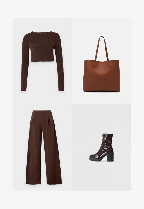 Brūns garo piedurknu kropts topiņš, izgatavots no gludas materiāla, ar apaļu kakla izgriezumu un pieguļošu dizainu. Nav redzamu rakstu vai akcentu.; Plati svārki tumši brūnā audumā, ar augstu jostas vietu, priekšējām krokām un gludu tekstūru. Piemēroti dažādām izdevībām.; Spīdīgas bordo potīšu botītes ar masīlu melnu papēdi, kurām ir gluda tekstūra un vienkāršs dizains. Nav redzamu aizdari vai rakstu.; Brūna ādas iepirkumu soma ar gludu tekstūru, atvērta augšdaļa un divas plecu siksnas. Izceļas ar minimālām šuvēm un redzamu aparatūru nav.