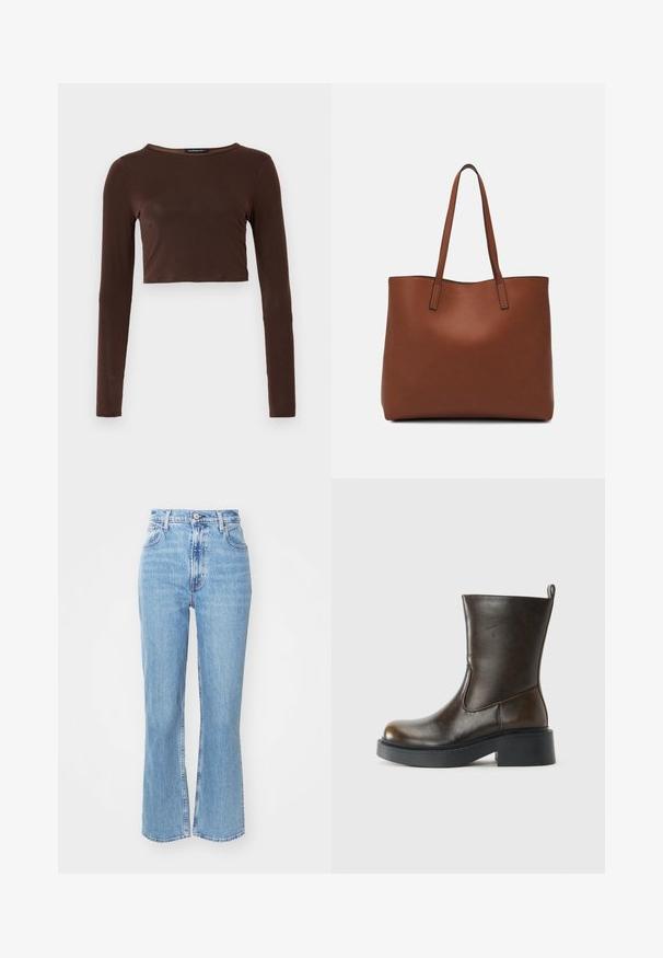 Brown long-sleeve cropped top made of smooth material, featuring a rounded neckline and form-fitting design. No visible patterns or accents.; Light blue high-waisted jeans with a flared leg. Made of denim, featuring five pockets and a button front closure. Faded texture.; Dark brown mid-calf leather boot with a rounded toe, thick black sole, low block heel, and pull tab at the back.; Brown leather tote bag with a smooth texture, open top design, and two shoulder straps. Features minimal stitching and no visible hardware.