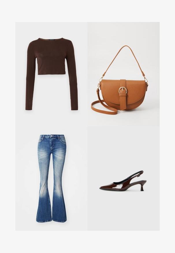 Top corto marrón de manga larga, hecho de un material suave, con escote redondo y diseño ceñido. Sin patrones ni acentos visibles.; Jeans acampanados azules de mezclilla con un lavado desgastado. Incluyen una cintura ajustada, diseño de cinco bolsillos y ligero desgaste en los dobladillos.; Zapato slingback de charol marrón con punta afilada y tacón moderado. Cuenta con una correa con hebilla para un ajuste seguro. Textura suave.; Bolso bandolera de cuero marrón con forma curvada, herrajes dorados y un acento de hebilla. Incluye una correa de hombro desmontable.