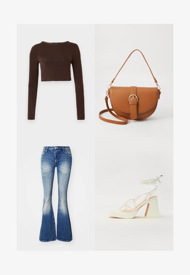 Brown long-sleeve cropped top made of smooth material, featuring a rounded neckline and form-fitting design. No visible patterns or accents.; Blue flared jeans made of denim with a faded wash. Features include a fitted waist, five-pocket design, and slight distressing at the hems.; White high-heeled sandal with a chunky heel, featuring a strappy design and ankle tie. Smooth texture with a platform front for added height.; Brown leather crossbody bag with a curved shape, gold hardware, and a buckle accent. Features a detachable shoulder strap.