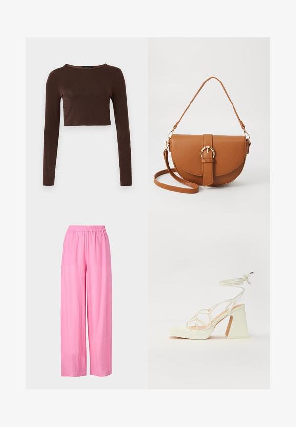 Top corto marrón de manga larga, hecho de un material suave, con escote redondo y diseño ceñido. Sin patrones ni acentos visibles.; Pantalones de pierna ancha en color rosa, confeccionados con una tela ligera y con una cinturilla elástica. Textura suave, sin patrones visibles ni detalles.; Sandalia de tacón alto blanca con un tacón grueso, que presenta un diseño de tiras y un lazo en el tobillo. Textura suave con una plataforma en la parte delantera para mayor altura.; Bolso bandolera de cuero marrón con forma curvada, herrajes dorados y un acento de hebilla. Incluye una correa de hombro desmontable.