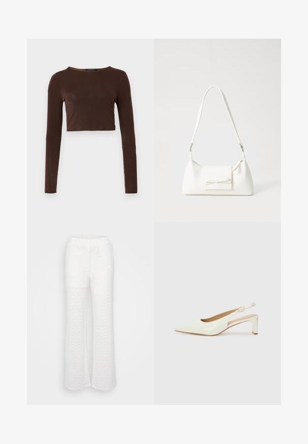 Top corto marrón de manga larga, hecho de un material suave, con escote redondo y diseño ceñido. Sin patrones ni acentos visibles.; Pantalones blancos con un diseño acampanado, que presentan un sutil patrón en chevrón, cinturilla elástica y material texturizado ligero.; Zapato slingback de charol blanco con punta afilada y un tacón bajo tipo bloque. Presenta una correa sutil con un detalle de hebilla en tono dorado.; Bolso sintético blanco con forma triangular, tapa frontal plana y detalle de lazo, correa ajustable, textura suave y diseño minimalista.
