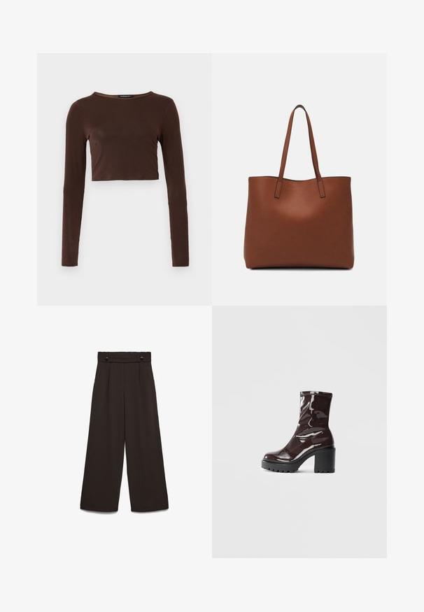 Brauner, langärmeliger, verkürzter Oberteil aus glattem Material mit einem runden Ausschnitt und figurbetontem Design. Keine sichtbaren Muster oder Akzente.; Hosen mit weitem Bein aus dunkelbraunem Stoff, mit hohem Bund, zwei vorderen Taschen und zwei vorderen Knöpfen zum Verschließen. Glatte Textur.; Glatte bordeauxrote Ankle Boots mit einem klobigen schwarzen Absatz, die eine glatte Oberfläche und ein einfaches Design aufweisen. Keine sichtbaren Verschlüsse oder Muster.; Braune Leder-Tote mit glatter Textur, offenem Oberteil und zwei Schulterriemen. Verfügt über minimale Nähte und keine sichtbaren Beschläge.