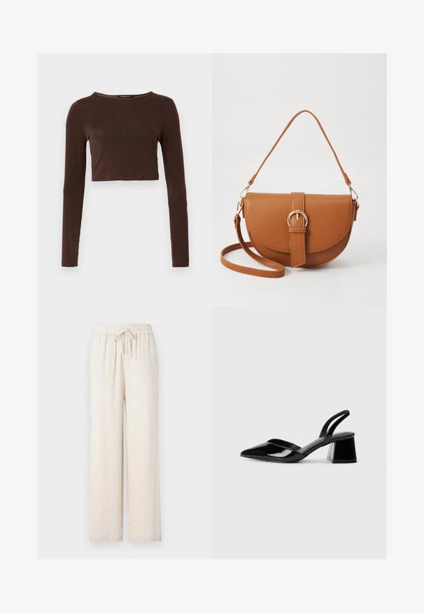 Pruun pikkade varrukatega lühike topp, mis on valmistatud siledast materjalist, ümara kaelusega ja kehaääristava disainiga. Ilma nähtavate mustrite või aktsentideta.; Heledad beezid, laiad püksid, mis on valmistatud pehmest, tekstureeritud materjalist. Omab elastset vöökohta, millel on reguleeritav pael.; Mustad musta lakknahk kingad, millel on terav varvas ja geomeetriline plokkkonts. Omab elegantselt minimalistlikku disaini ja sujuvat tekstuuri.; Pruun nahast õlakott, millel on kumer kuju, kullavärvi riistvara ja pandlaga kaunistus. Omab eemaldatavat õlarihma.