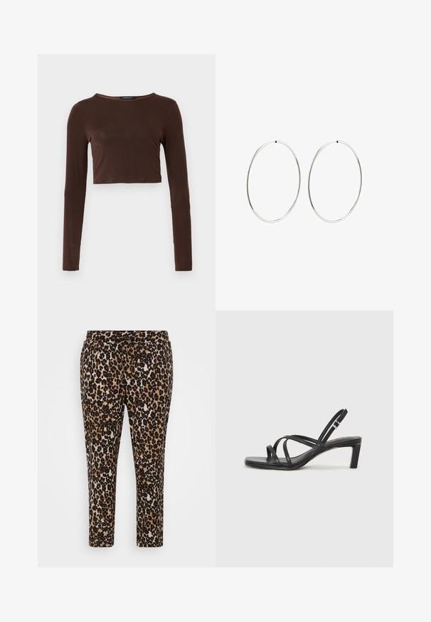 Rudas ilgomis rankovėmis trumpas viršus, pagamintas iš lygios medžiagos, turi apvalų kaklą ir priglundantį dizainą. Jokios matomos raštų ar akcentų.; Leopardų rašto kelnės, pasižyminčios švelnia ir tekstūrine medžiaga, elastinga juosmens juosta su raišteliu, tiesiu kirpimu ir trumpa ilgio forma.; Juodi šlepetės su kvadratiniu pirštu ir žemu bloku kulnu. Yra keli ploni dirželiai ir reguliuojamas kulkšnies diržas. Pagaminti iš lygios odos.; Sidabriniai auskarai-žiedai su lygiu, apvaliu dizainu ir blizgiu paviršiumi. Jie yra ploni ir lengvi, turintys paprastą užsegimą.