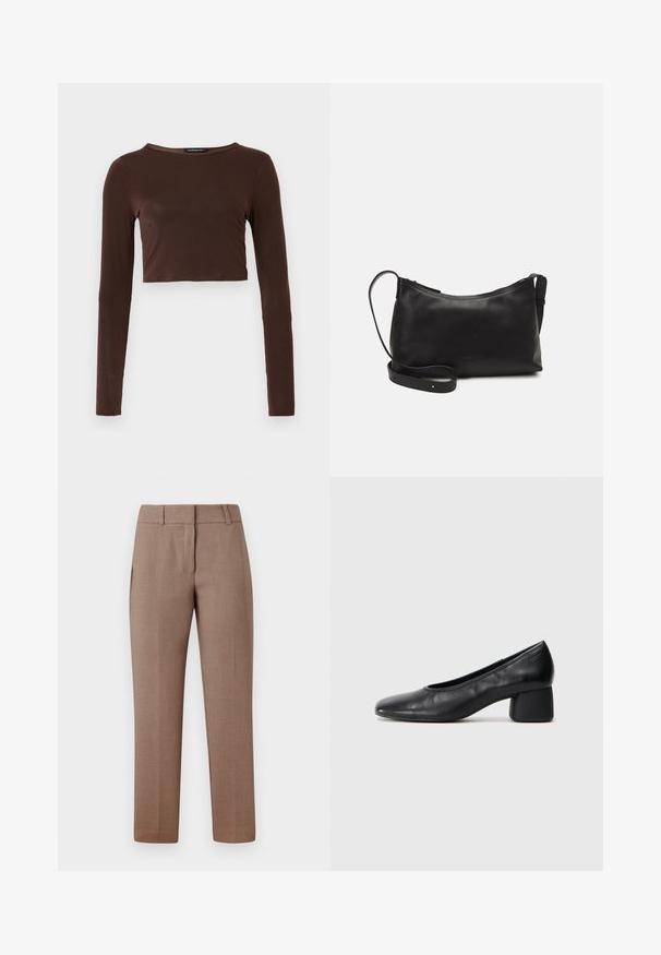 Top corto marrone a maniche lunghe realizzato in materiale liscio, con scollo rotondo e design aderente. Senza motivi o dettagli visibili.; Pantaloni su misura di colore marrone chiaro con una texture liscia, davanti piatto, tasche laterali e design a gamba dritta. Il tessuto presenta un motivo sottile.; Pantofole nere in pelle con punta arrotondata e tacco medio a blocco. Texture liscia con dettagli minimi, caratterizzata da un'apertura elastica sottile.; Borsa a spalla in pelle nera con una texture liscia, forma curva, tracolla regolabile e chiusura con zip. Design minimalista senza ornamenti.