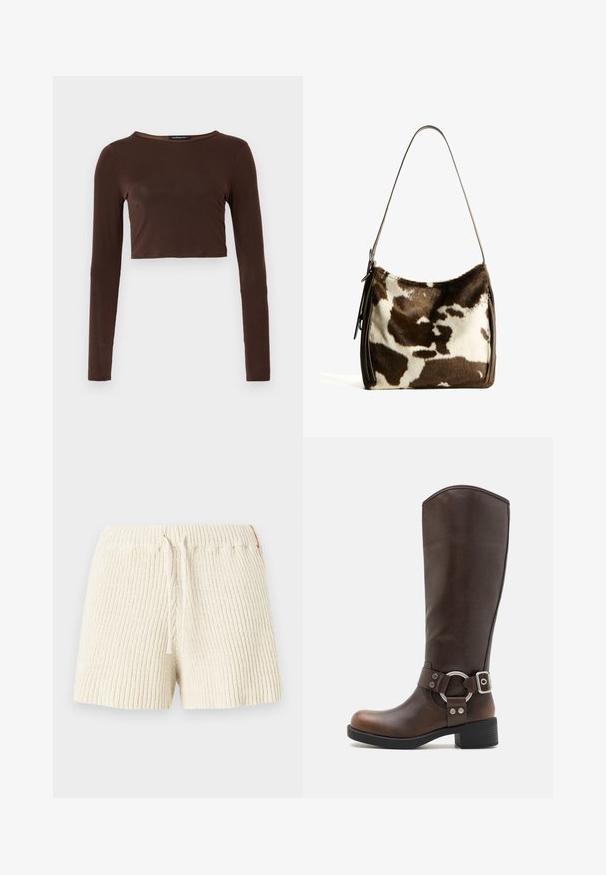 Hnědý dlouhý rukáv cropped top vyrobený z hladkého materiálu, s kulatým výstřihem a přiléhavým střihem. Bez viditelných vzorů nebo akcentů.; Krémové pletené šortky s ribbovanou texturou, elastickým pasem a šňůrkou. Obsahují malou ozdobnou visačku na boku.; Hnědé kožené vysoké boty do kolen s kovovým akcentem a přezkou. Mírně texturovaný svršek, zvýšený podpatek a kulatý design špičky.; Hnědá a krémová kravská kůže ramenní taška s hladkým koženým popruhem, zipovým uzavřením a jemným, texturovaným povrchem s přírodním vzorem.