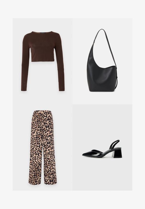 Barna, hosszú ujjú, rövid fazonú felső sima anyagból, kerek nyakkivágással és testhez simuló kialakítással. Nincs látható minta vagy díszítés.; Széles lábú nadrág puha szövetből, meleg bézs és sötétbarna leopárdmintával, kényelmes elasztikus derékrésszel.; Fekete lakk bőr szandálkés magas sarkú cipő, hegyes orral és geometrikus tömbsarkakkal. Karcsú, minimalista dizájn és sima textúra jellemzi.; Fekete bőr hobo táska sima textúrával, ívelt formával és egyetlen állítható pánttal; széles nyílás található a tetején.