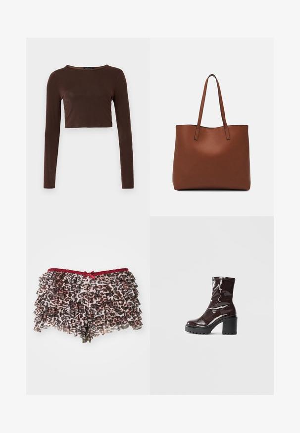 Hnědý dlouhý rukáv cropped top vyrobený z hladkého materiálu, s kulatým výstřihem a přiléhavým střihem. Bez viditelných vzorů nebo akcentů.; Květinové šortky s leopardím potiskem a vrstvenými volány, se červeným krajkovým pasem a malou mašlí na přední straně.; Lesklá bordó kotníková bota s masivním černým podpatkem, se hladkým povrchem a jednoduchým designem. Žádné viditelné zapínání ani vzory.; Hnědá kožená taška přes rameno s hladkou texturou, otevřeným designem a dvěma ramenními popruhy. Obsahuje minimální švy a žádné viditelné kovové prvky.