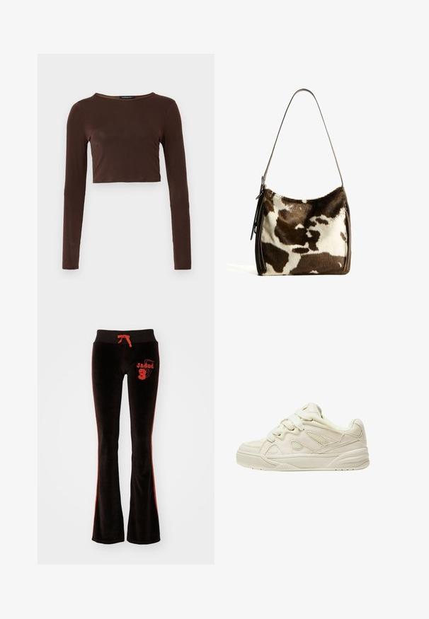 Brauner, langärmeliger, verkürzter Oberteil aus glattem Material mit einem runden Ausschnitt und figurbetontem Design. Keine sichtbaren Muster oder Akzente.; Jaded London THREE TROUSERS - Jogginghose - brown; Beige Sneaker mit strukturiertem Obermaterial, ausgeprägten Schnürsenkeln, Netzpaneelen und einer dicken Sohle. Kurviges Design mit gepolstertem Kragen für zusätzlichen Komfort.; Braune und cremefarbene Kuhhaut-Umhängetasche mit einem glatten Ledertrageriemen, Reißverschluss und einer weichen, strukturierten Oberfläche mit einem natürlichen Muster.