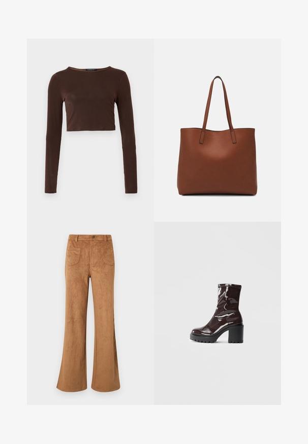 Brown long-sleeve cropped top made of smooth material, featuring a rounded neckline and form-fitting design. No visible patterns or accents.; Brown suede flared pants featuring a high waist, front and back pockets, and a smooth texture. Designed for a relaxed fit throughout the leg.; Glossy burgundy ankle boot with a chunky black heel, featuring a smooth texture and simple design. No visible fastenings or patterns.; Brown leather tote bag with a smooth texture, open top design, and two shoulder straps. Features minimal stitching and no visible hardware.
