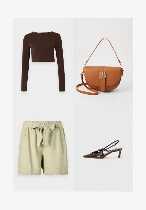 Top corto marrón de manga larga, hecho de un material suave, con escote redondo y diseño ceñido. Sin patrones ni acentos visibles.; Pantalones cortos de color verde claro, confeccionados en una tela suave, con una cintura elástica, un cinturón atado, bolsillos laterales y un intrincado bordado en forma de concha en el dobladillo.; Tacón slingback de charol marrón con punta afilada, correas ajustables y hebillas decorativas en la parte frontal. Altura del tacón de 3 pulgadas.; Bolso bandolera de cuero marrón con forma curvada, herrajes dorados y un acento de hebilla. Incluye una correa de hombro desmontable.