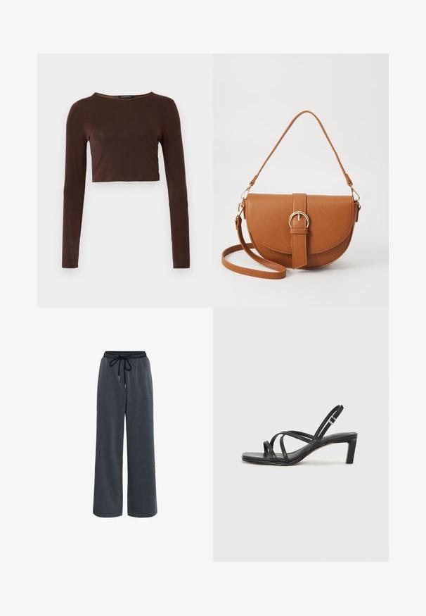 Top scurt, maro, cu mâneci lungi, realizat dintr-un material neted, având un guler rotund și un design ajustat. Fără modele sau accente vizibile.; Kaffe NEVIL - Pantaloni - dark grey melange; Sandal cu barete negre, cu vârf pătrat și toc mic de bloc. Prezintă mai multe barete subțiri și o bareta ajustabilă la gleznă. Fabricat din piele netedă.; Geantă din piele maro, tip crossbody, cu o formă curbată, accesorii aurii și un accent cu cataramă. Dispune de un curea de umăr detașabilă.