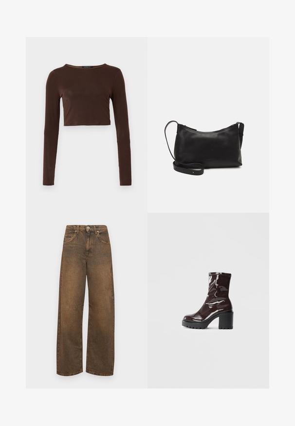 Pruun pikkade varrukatega lühike topp, mis on valmistatud siledast materjalist, ümara kaelusega ja kehaääristava disainiga. Ilma nähtavate mustrite või aktsentideta.; BDG Urban Outfitters LOGAN - Wide leg - rust tint; Klakav läikiv burgundi värvi pahkluu saabas, millel on paks must konts, sile tekstuur ja lihtne disain. Nähtavad kinnitused või mustrid puuduvad.; Mustmust nahk õlakotil on sile tekstuur, kumer kuju, reguleeritav rihm ja lukuga sulgemine. Minimalistlik disain ilma kaunistusteta.