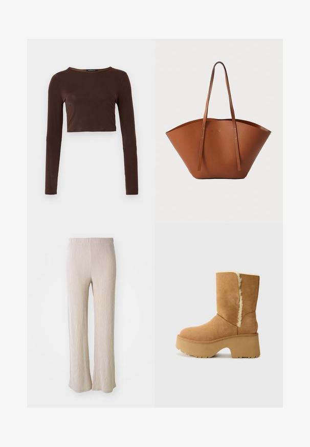 Smeđi dugosleeve skraćeni top od glatkog materijala, s okruglim izrezom i prilagođenim dizajnom. Bez vidljivih uzoraka ili akcenta.; Bež široke hlače izrađene od teksturirane tkanine s vertikalnim prugama. Imaju elastičan pojas i opušten kroj kroz cijelu nogu.; UGG NEW HEIGHTS CUFF - Zimske čizme - chestnut; Smeđa kožna torba za nošenje s širokim, strukturiranim oblikom, tankim ručkama i teksturiranom površinom. Ima minimalistički dizajn bez vidljivih dijelova metalne opreme.