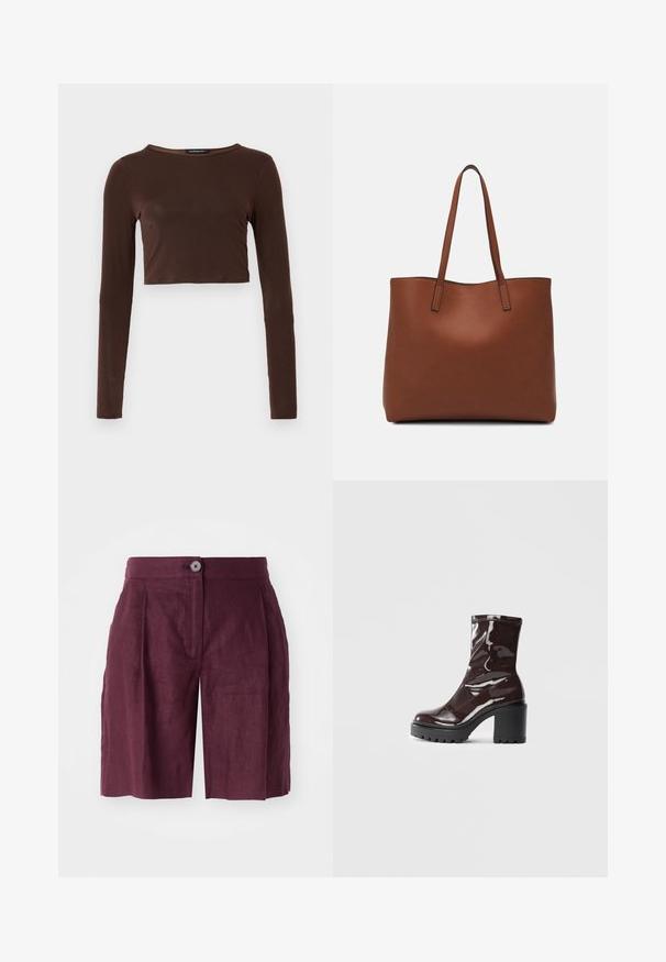 Rudas ilgomis rankovėmis trumpas viršus, pagamintas iš lygios medžiagos, turi apvalų kaklą ir priglundantį dizainą. Jokios matomos raštų ar akcentų.; Burgundių lino trumpikės su pritaikytu siluetu, turinčios mygtuko užsegimą, priekinėmis klostėmis ir šoninėmis kišenėmis, lygia tekstūra ir iki kelių ilgis.; Blizgus burgundių spalvos kulknapis su tankiu juodu kulnu, pasižymintis lygiu paviršiumi ir paprastu dizainu. Nėra matomų užsegimų ar raštų.; Ruda odinė priekabų krepšys su glotnia tekstūra, atviru viršumi ir dviem petnešomis. Su minimalia siuvimo detalėmis ir nematoma aparatūra.