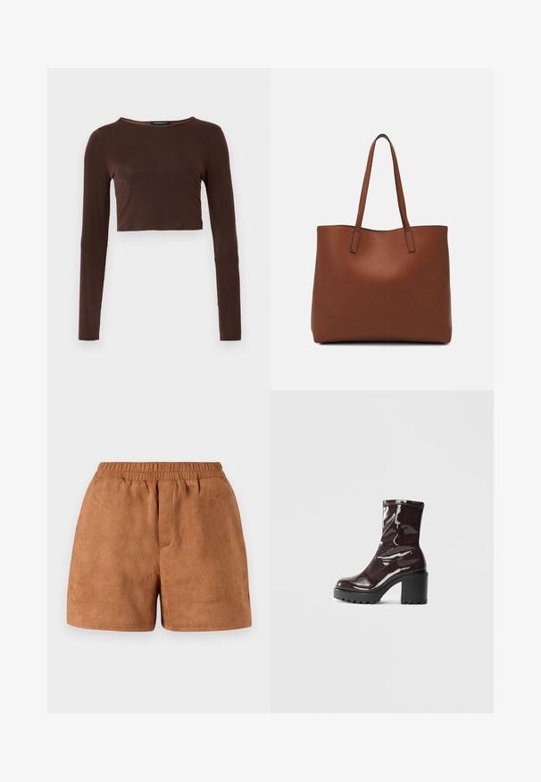 Top croppé à manches longues marron, fabriqué dans un matériau lisse, avec un col rond et une coupe près du corps. Pas de motifs ou d'accents visibles.; Shorts en daim brun avec une taille élastique, présentant une coupe décontractée et une texture lisse. Design simple, adapté à une tenue décontractée.; Bottines bordeaux brillantes à talon épais noir, avec une texture lisse et un design simple. Aucune fermeture visible ni motifs.; Sac fourre-tout en cuir marron avec une texture lisse, design à ouverture supérieure et deux poignées pour le porter à l'épaule. Présente des coutures minimales et aucun matériel visible.