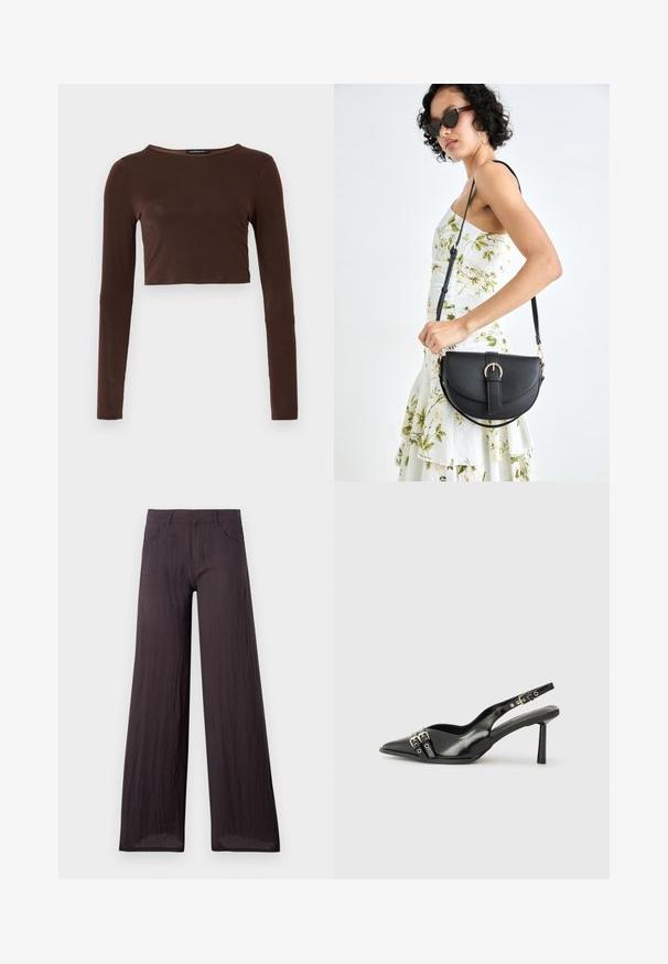 Hnedý dlhý rukáv cropped top vyrobený z hladkého materiálu, s okrúhlym výstrihom a priliehavým strihom. Bez viditeľných vzorov alebo akcentov.; Tmavošedé nohavice s širokými nohavicami vyrobené z ľahkej, textúrovanej látky s hladkým povrchom, s prednými vreckami a klasickým pásom.; Čierne lakované kožené slingback topánky s špicatou špičkou, remienkami okolo členku s striebornými prackami a hardvérom, a štíhlým podpätkom.; Čierna kožená kabelka s zaobleným tvarom, odnímateľným popruhom a zlatými doplnkami. Kabelka má klopu s detailom s prackou.