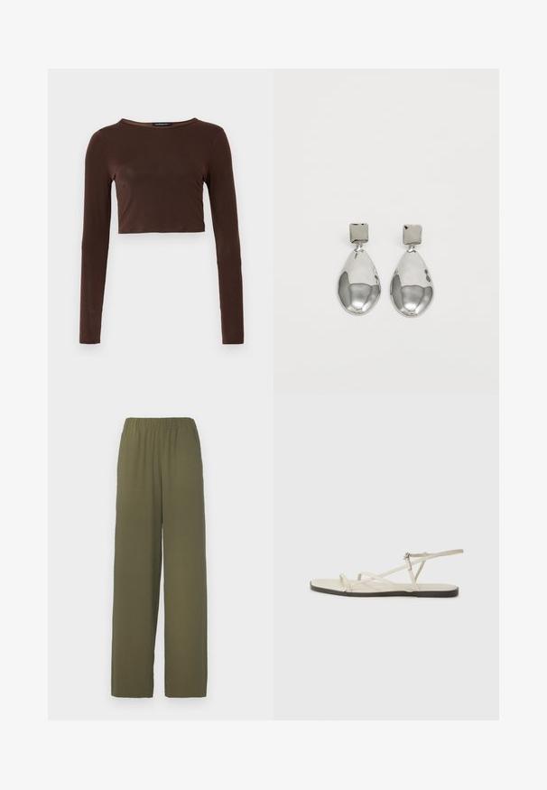 Smeđi dugosleeve skraćeni top od glatkog materijala, s okruglim izrezom i prilagođenim dizajnom. Bez vidljivih uzoraka ili akcenta.; Hlače širokih nogavica u maslinasto zelenoj boji, s elastičnim pojasom, izrađene od glatke tkanine s efektom drapiranja i bez vidljivih dijelova.; Bež sandala na ravnom potplatu s više tankih trakica i podesivom kopčom. Potplat je ravan s blagim tamnim kontrastom na rubu.; Srebrne naušnice u obliku kapi s kvadratnom kopčom, koji imaju glatku, sjajnu završnu obradu i oblik suze, odražavajući svjetlost s sjajnom površinom.