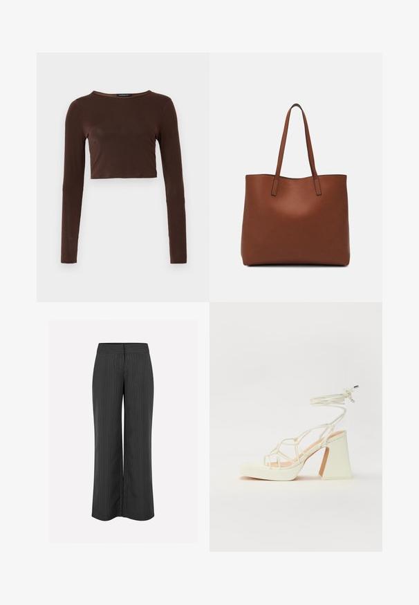 Rjava dolga majica s cropped dizajnom, izdelana iz gladkega materiala, z zaobljenim izrezom in prileganjem. Brez vidnih vzorcev ali poudarkov.; Črne široke hlače s belimi črtami, z gladkim pasom in sproščenim krojem za udobje, izdelane iz lahkega materiala.; Bela sandala na visokih petah s debelim petam, ki ima obliko trakcev in vezanje okoli gležnja. Gladka tekstura z platformo spredaj za dodatno višino.; Rjava usnjena torba z gladko teksturo, odprto zasnovo zgoraj in dvema naramnima trakovoma. Opremljena je z minimalnim šivanjem in brez vidnih kovinskih delov.