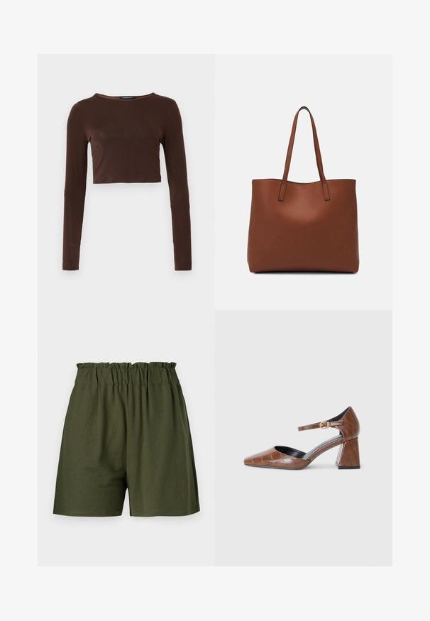 Smeđi dugosleeve skraćeni top od glatkog materijala, s okruglim izrezom i prilagođenim dizajnom. Bez vidljivih uzoraka ili akcenta.; Tamnozelena, elastična kratka hlače sa opuštenim krojem i bez džepova. Napravljene od mekog, laganog materijala.; Smeđe lakirane cipele s kvadratnim vrhom, teksturiranim krokodil uzorkom, remenom oko zapešća s zlatnom kopčom i debljim potplatom.; Smeđa kožna torba preko ramena s glatkom teksturom, otvorenim vrhom i dvjema naramenicama. Ima minimalne šavove i nema vidljivog hardvera.