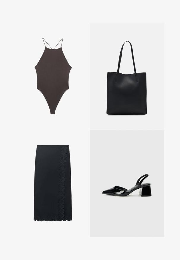 Brun, hög nacke baddräkt med tunna, justerbara remmar; har högskuren ben och slät textur. Inga mönster eller dekorationer.; Svart midi-kjol med en scallop-lace trim längs ena sidan, tillverkad av ett smidigt tyg med en slank, figurnära silhuett.; Svarta lackläder slingback klackar med spetsig tå och geometrisk klack. Har en elegant, minimalistisk design och slät yta.; Svart lädertoffelväska med slät textur, rektangulär form och två långa handtag. Ingen synlig hårdvara eller dekorationer.