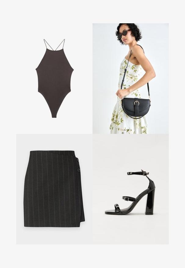 Brun højhalset heldragt badedragt med tynde, justerbare stropper; har højt skåret ben og glat tekstur. Ingen mønstre eller udsmykninger.; Sorte nålestribede nederdel med en skræddersyet pasform, der har et asymmetrisk omslag og to knapper i taljen til lukning.; Sorte patenterede hælsandaler med firkantet tå, ankelremme og sølvspænder. Har en chunky blokHæl for stabilitet.; Sort læderhåndtaske med en buet form, aftagelig rem og guldfinish. Tasken har en klap med en spænde detalje.