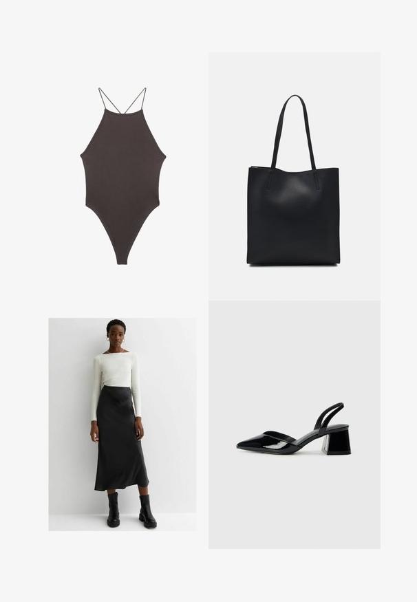 Maillot de bain une pièce marron à col montant avec des bretelles fines et réglables ; présente une jambe haute et une texture lisse. Aucun motif ni embellissement.; Haut à manches longues blanc associé à une jupe maxi en satin noir et des bottines noires à semelles épaisses. Silhouette simple avec une texture lisse.; Escarpins en cuir verni noir avec bout pointu et talon bloc géométrique. Présente un design élégant et minimaliste ainsi qu'une texture lisse.; Sac fourre-tout en cuir noir avec une texture lisse, de forme rectangulaire et deux longues poignées. Pas de matériel ou d'ornementations visibles.