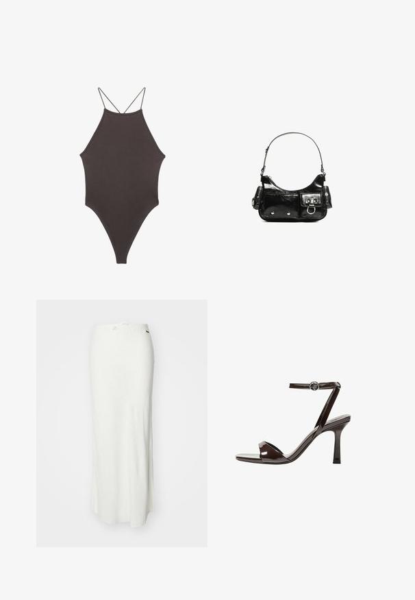 Costume da bagno intero marrone con collo alto e spalline sottili e regolabili; presenta una gamba alta e una texture liscia. Nessun motivo o decorazione.; Gonna maxi bianca realizzata in tessuto leggero con una texture smussata, dotata di una vita elasticizzata con un cordino per la regolazione.; Sandalini con tacco alto in pelle verniciata marrone, con cinturino alla caviglia, punta aperta e un design elegante e minimalista. Presentano un tacco quadrato.; Borsa a spalla in vernice nera con forma curvata, una tracolla, tasche frontali e dettagli in metallo argentato.