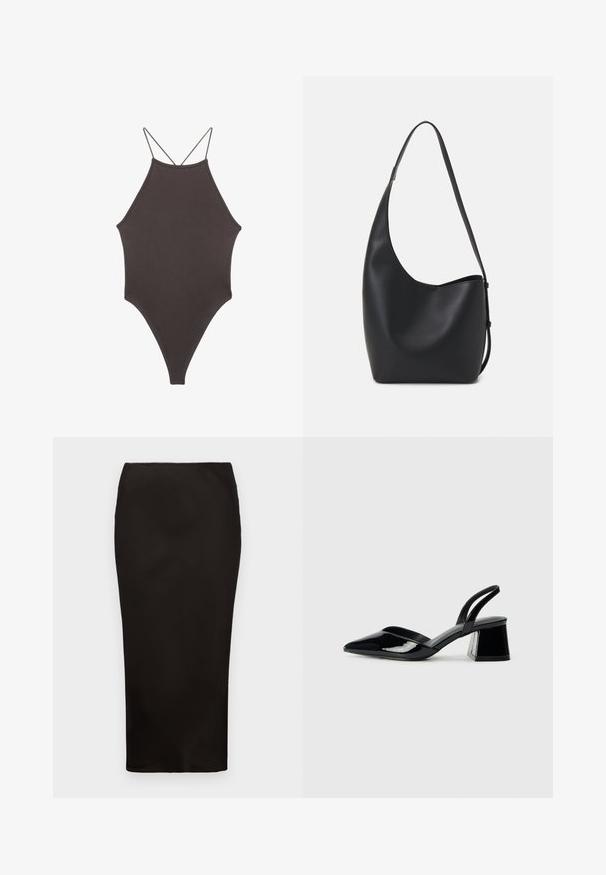 Smeđi jednodijelni kupaći kostim s visokim ovratnikom i tankim, prilagodljivim trakama; ima visoko izrezane nogavice i glatku teksturu. Bez uzoraka ili dekoracija.; Crna pencil suknja do koljena, izrađena od glatkog materijala s elastičnom ponekad, koja ima jednostavan, minimalistički dizajn i nema vidljivih kopči.; Crne lakirane kožne sandale s otvorenom petom i špicastim vrhom, s geometrijskom blok petom. Imaju elegantan, minimalistički dizajn i glatku teksturu.; Crna kožna hobo torba s glatkom teksturom, zakrivljenim oblikom i jednom podesivom trakicom; ima širok otvor na vrhu.