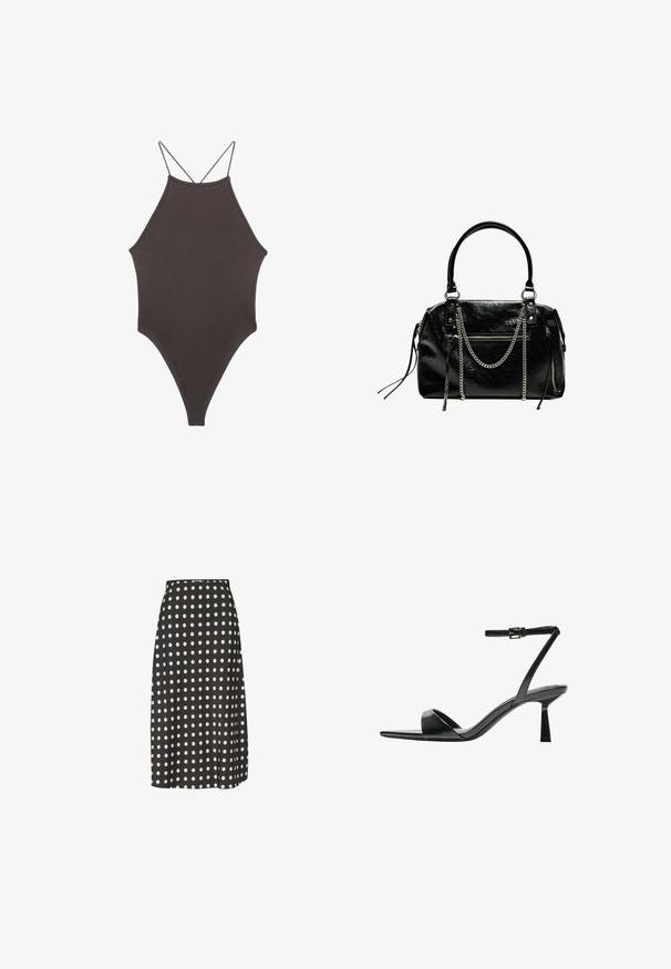 Maillot de bain une pièce marron à col montant avec des bretelles fines et réglables ; présente une jambe haute et une texture lisse. Aucun motif ni embellissement.; Jupe midi noire à pois blancs, fabriquée en tissu lisse. Elle présente une taille ajustée et une légère fente sur le côté pour faciliter les mouvements.; Bershka Sandales à talons hauts - black; Bershka WITH CHAIN - Sac à main - black