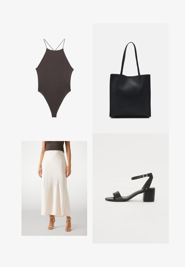 Hnedé, vysoký krk jednodielne plavky s tenkými, nastaviteľnými ramienkami; s vysokým strihom na nohách a hladkým povrchom. Bez vzorov alebo ozdôb.; Krémová saténová maxi sukňa s hladkou textúrou, sedí na páse, s bočným rozparkom, v kombinácii so zlatými sandálmi na vysokom podpätku.; Čierne sandále na podpätku so hladkým koženým vrchom, otvorenou špičkou, širokými prednými prúžkami a nastaviteľným členkovým popruhom so zlatým prackom.; Čierna kožená taška na rameno s hladkým povrchom, obdĺžnikovým tvarom a dvoma dlhými uchami. Bez viditeľného kovania alebo ozdôb.