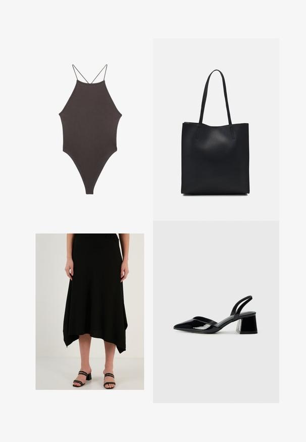 Brauner, hochgeschlossener Badeanzug mit dünnen, verstellbaren Trägern; zeichnet sich durch einen hohen Beinschnitt und eine glatte Textur aus. Keine Muster oder Verzierungen.; Schwarzer Midirock aus strukturiertem Stoff, mit asymmetrischem Saum und fließendem Design. Kombiniert mit schwarzen Absatzsandalen.; Schwarze Lackleder-Slingback-High Heels mit spitzem Schuh und einem geometrischen Blockabsatz. Verfügt über ein schlankes, minimalistisches Design und eine glatte Textur.; Schwarze Laptoptasche aus Leder mit glatter Textur, rechteckiger Form und zwei langen Griffen. Keine sichtbaren Beschläge oder Verzierungen.