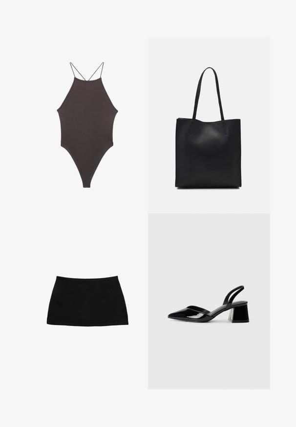 Brun højhalset heldragt badedragt med tynde, justerbare stropper; har højt skåret ben og glat tekstur. Ingen mønstre eller udsmykninger.; Sort bomulds mini nederdel med en tætsiddende talje. Glat tekstur, enkelt design og lige kant. Ingen yderligere mønstre eller hardware synlige.; Sorte patentlæder slingback hæle med spids tå og en geometrisk blok hæl. Har et elegant, minimalistisk design og en glat tekstur.; Sort læder tote taske med glat tekstur, rektangulær form og to lange hanke. Ingen synlig hardware eller udsmykninger.