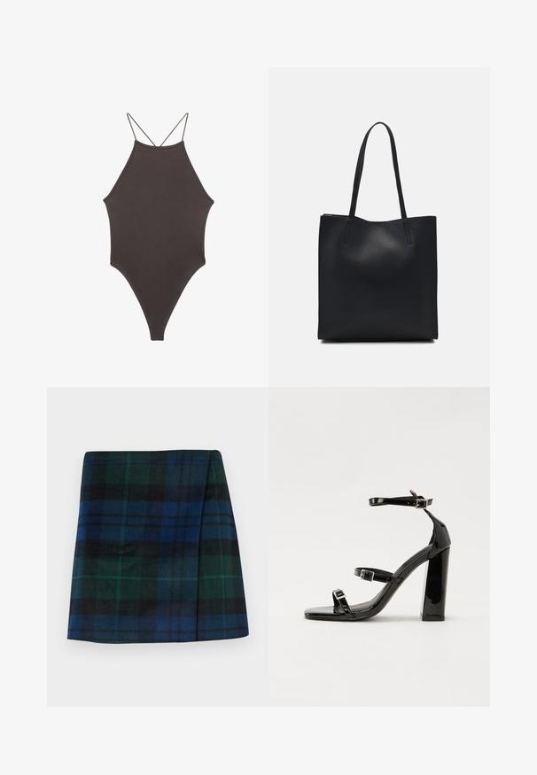 Brauner, hochgeschlossener Badeanzug mit dünnen, verstellbaren Trägern; zeichnet sich durch einen hohen Beinschnitt und eine glatte Textur aus. Keine Muster oder Verzierungen.; Karierten Rock in Dunkelgrün, Blau und Schwarz, mit geradem Schnitt und einer weichen Textur sowie einer strukturierten Form.; Schwarze patentierte Sandalen mit Absatz, quadratischer Spitze, Knöchelriemen und silbernen Schnallen. Mit einem stabilen Blockabsatz für mehr Stabilität.; Schwarze Laptoptasche aus Leder mit glatter Textur, rechteckiger Form und zwei langen Griffen. Keine sichtbaren Beschläge oder Verzierungen.
