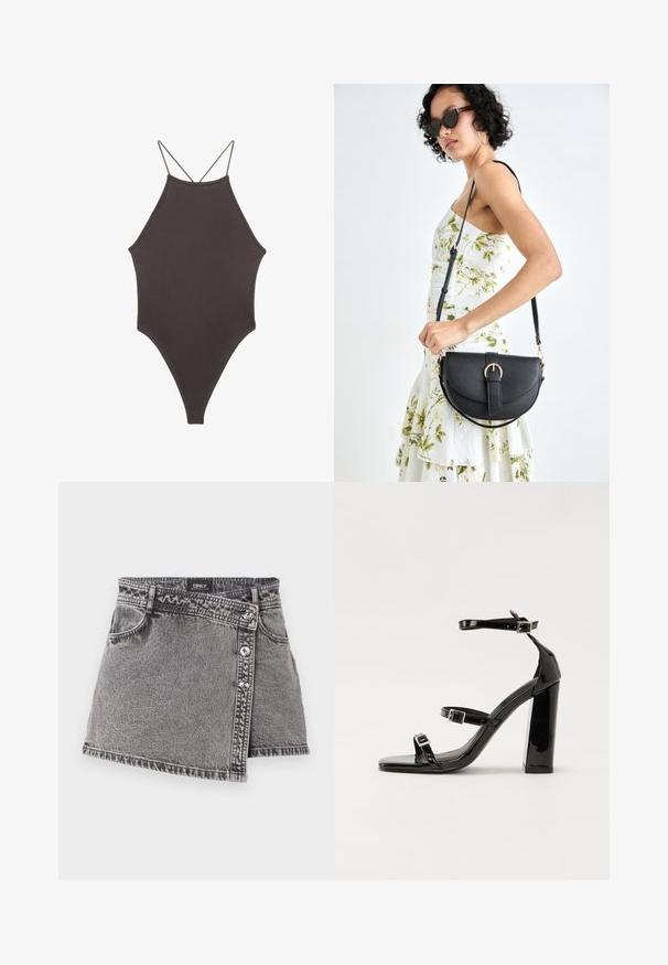 Brun højhalset heldragt badedragt med tynde, justerbare stropper; har højt skåret ben og glat tekstur. Ingen mønstre eller udsmykninger.; Grå denim mini nederdel med et asymmetrisk snit, prydet med sølvknapdetaljer og en lomme på forsiden. Blød tekstur og afslappet design.; Sorte patenterede hælsandaler med firkantet tå, ankelremme og sølvspænder. Har en chunky blokHæl for stabilitet.; Sort læderhåndtaske med en buet form, aftagelig rem og guldfinish. Tasken har en klap med en spænde detalje.